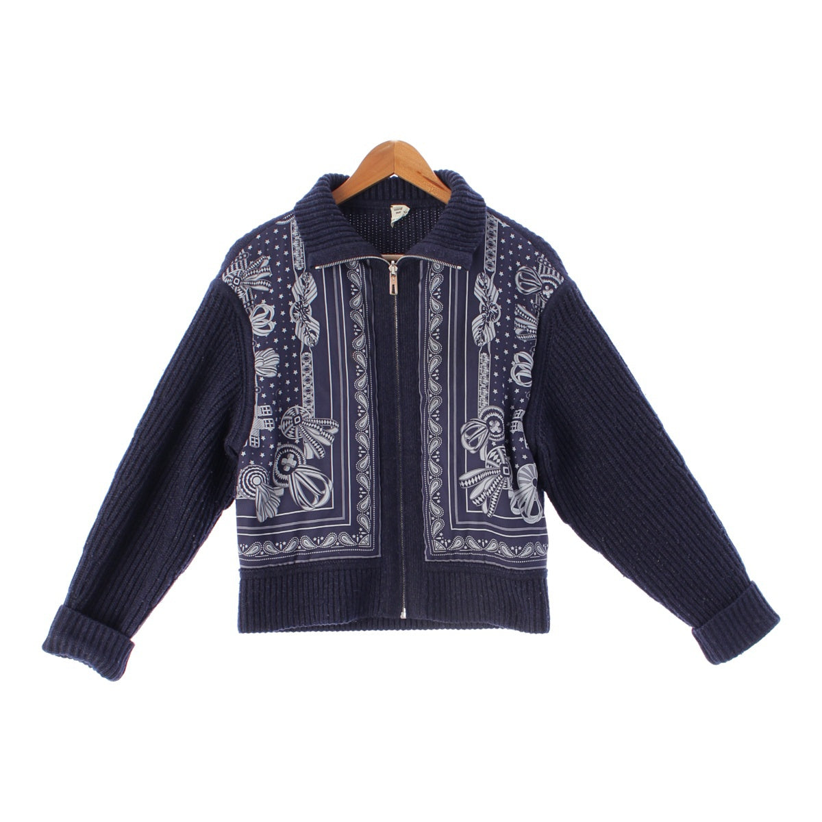 HERMES <html>
 
 <body>
  シルク カシミヤ Twill Laine Horse Ribbon Knit Blouson Jacket outerwear Navy 34