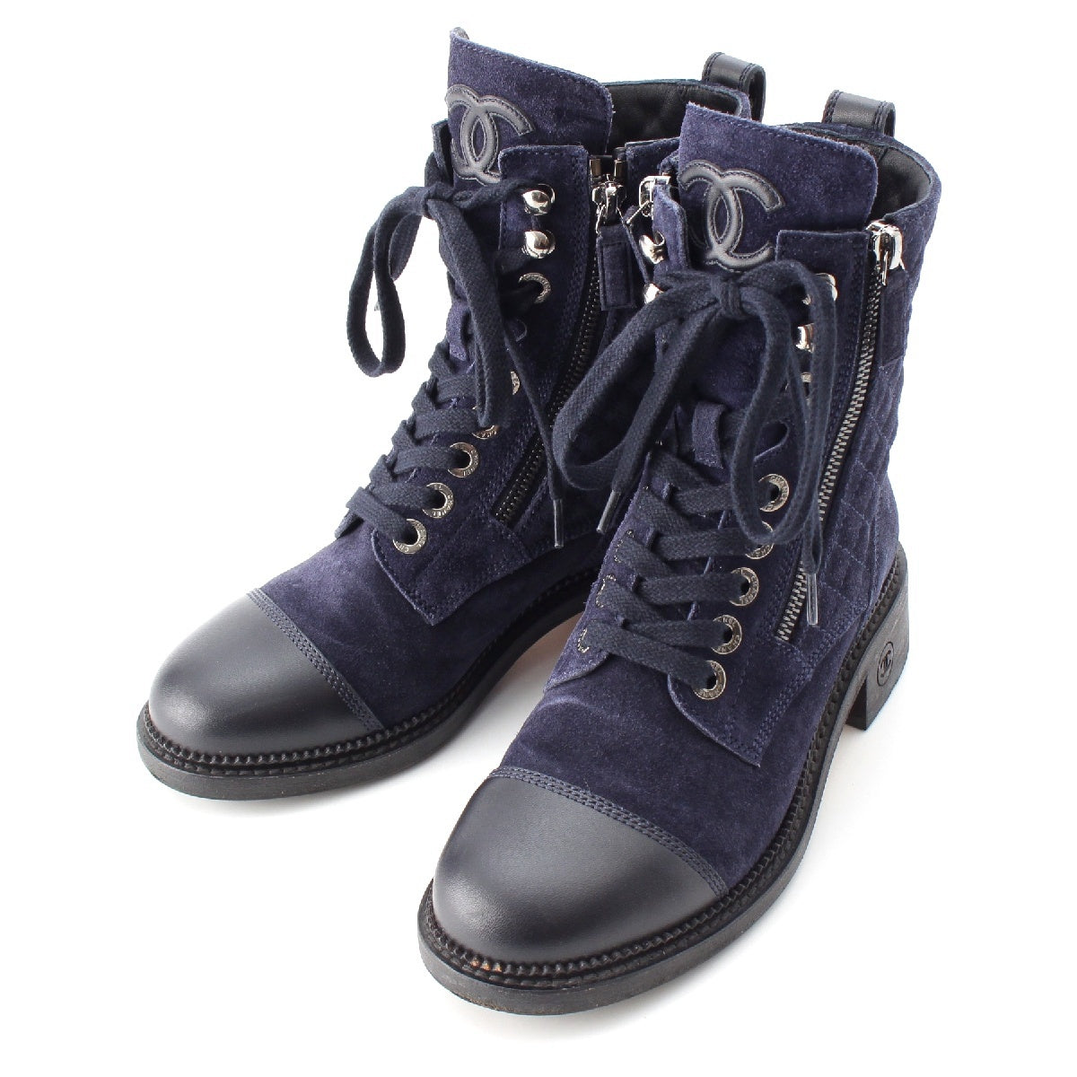 CHANEL Suede COCO Mark Lace-up Matelasse Side Zip boots shoes G33769 blue 36