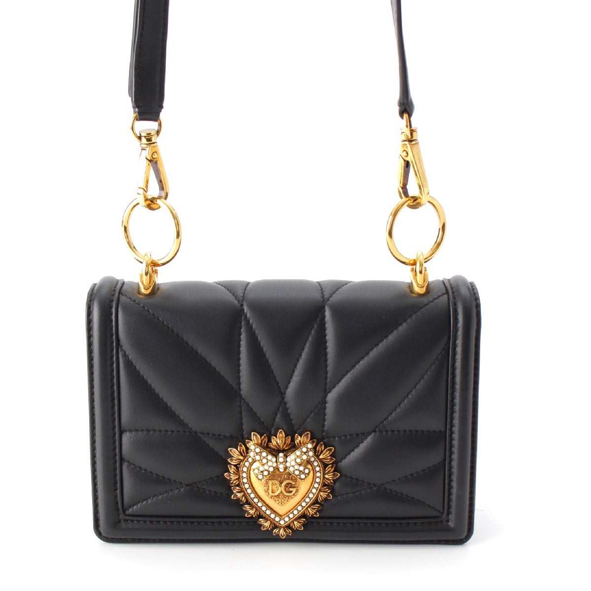 DOLCE&GABBANA leather Gold Metal Heart Ribbon Shoulder Bag black