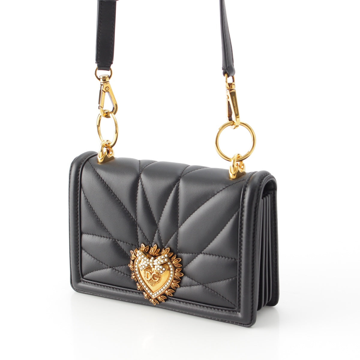 DOLCE&GABBANA leather Gold Metal Heart Ribbon Shoulder Bag black