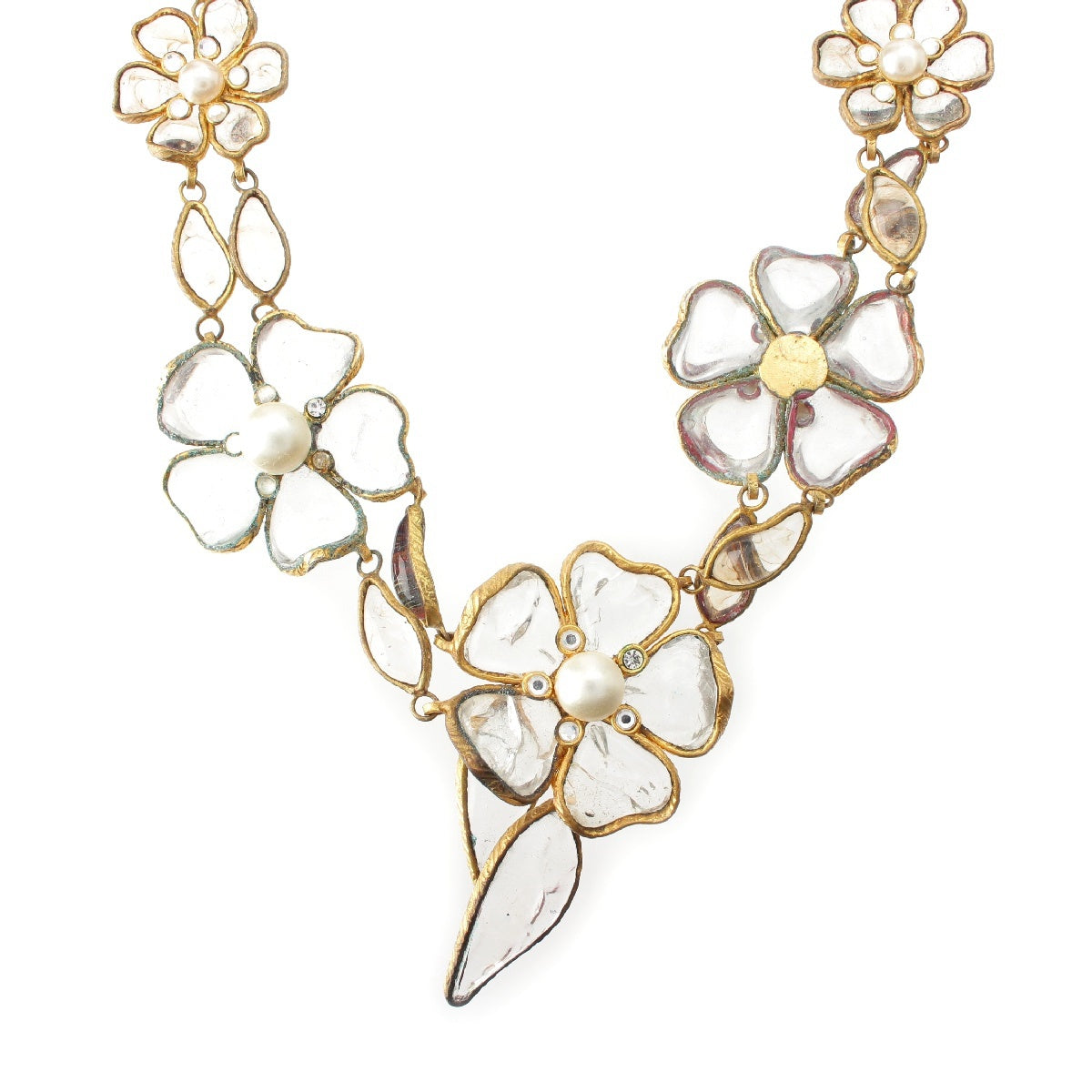 CHANEL 70S Pearl Vintage Clear Flower Gripoa Pearl Rhinestone Necklace gold