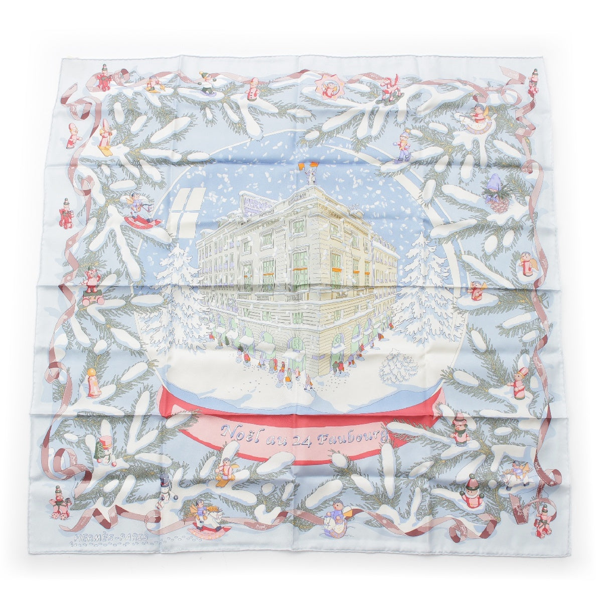 HERMES Calle 90 silk Christmas at 24 Faubourg scarf Blue Grassier