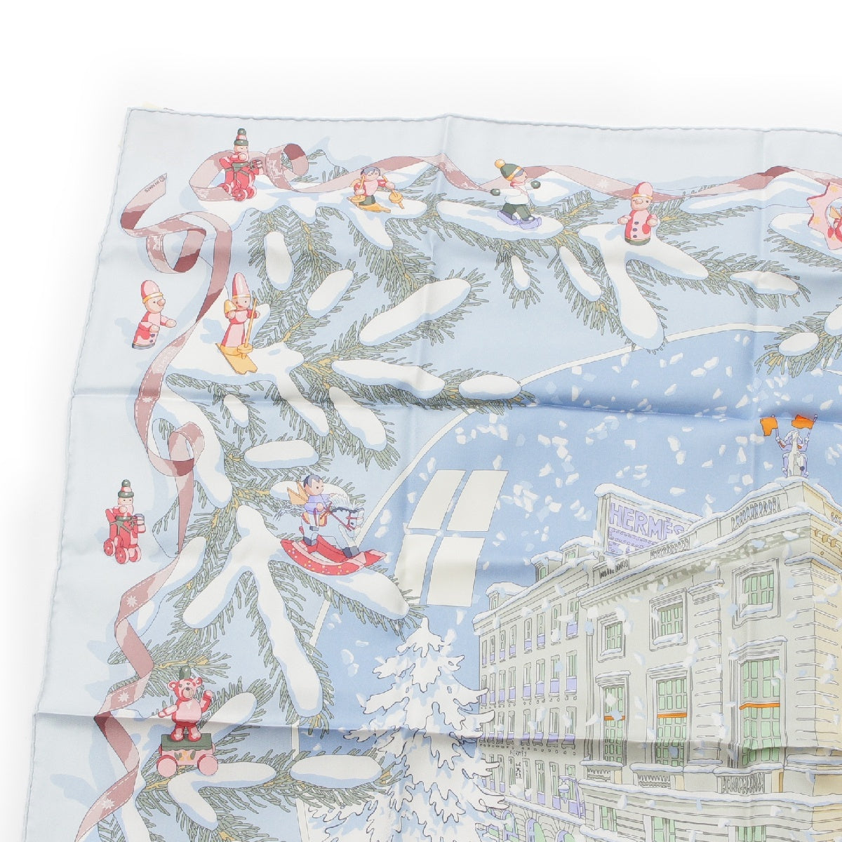 HERMES Calle 90 silk Christmas at 24 Faubourg scarf Blue Grassier