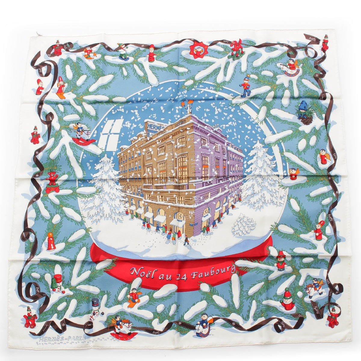 HERMES Calle 90 silk Christmas at 24 Faubourg scarf White multicolor