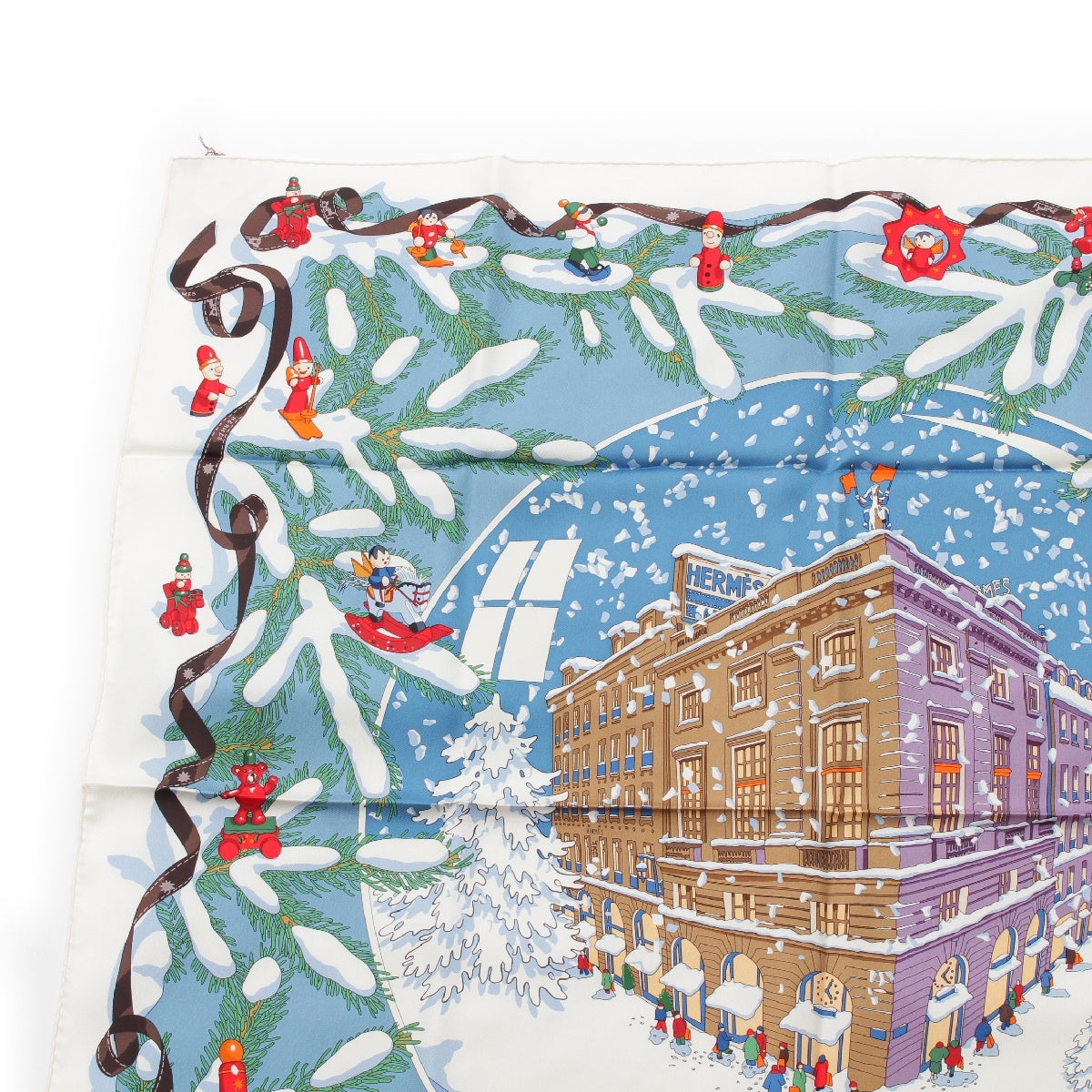 HERMES Calle 90 silk Christmas at 24 Faubourg scarf White multicolor