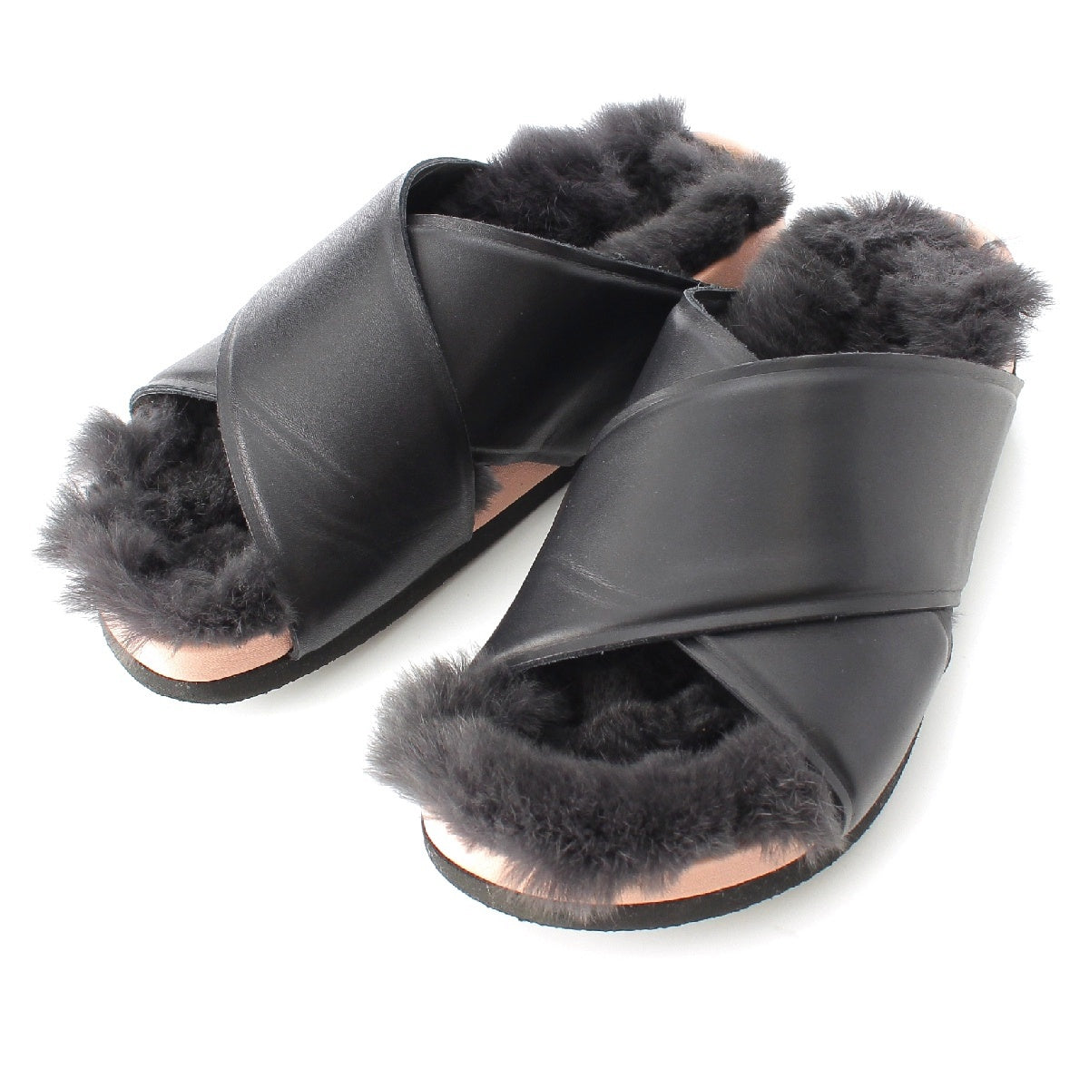 CELINE leather Phoebe Flat Fur Sandals Shoes Mules Black pink 35