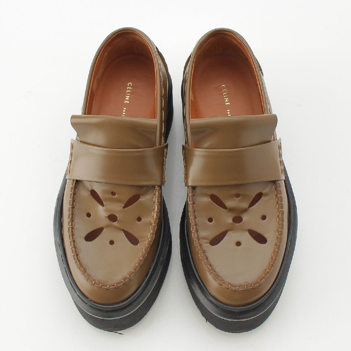 CELINE Phoebe period patent Thick sole cutwork loafers shoes Brown 35