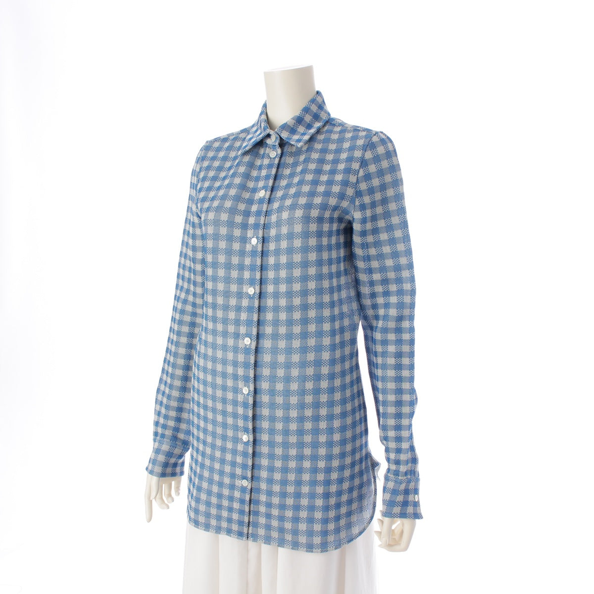 CELINE silk Phoebe Check Pattern blouse Shirt tops 2 0X64 Blue x gray 34