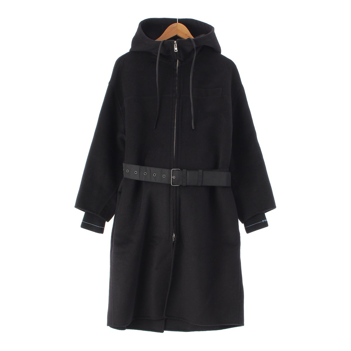 PRADA Virgin wool Angora Full zip Belted Hood Drawstring Long coat Hoodies Outerwear P691HH black 36