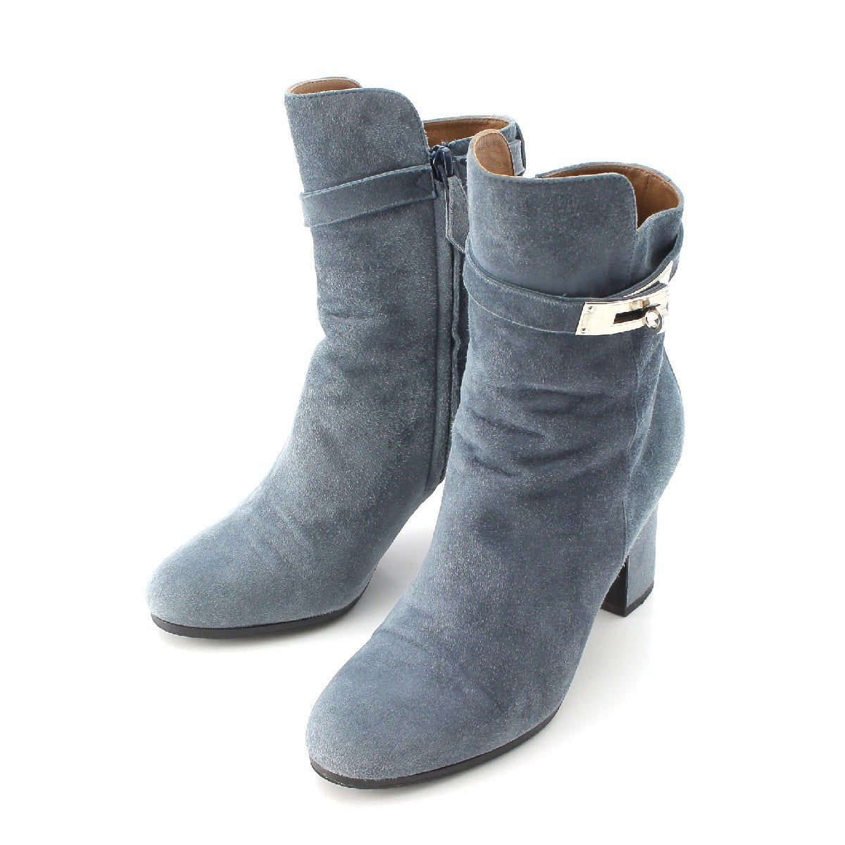 HERMES Saint Germain Suede leather Kelly Buckle Ankle Short Heel boots Booties blue 37