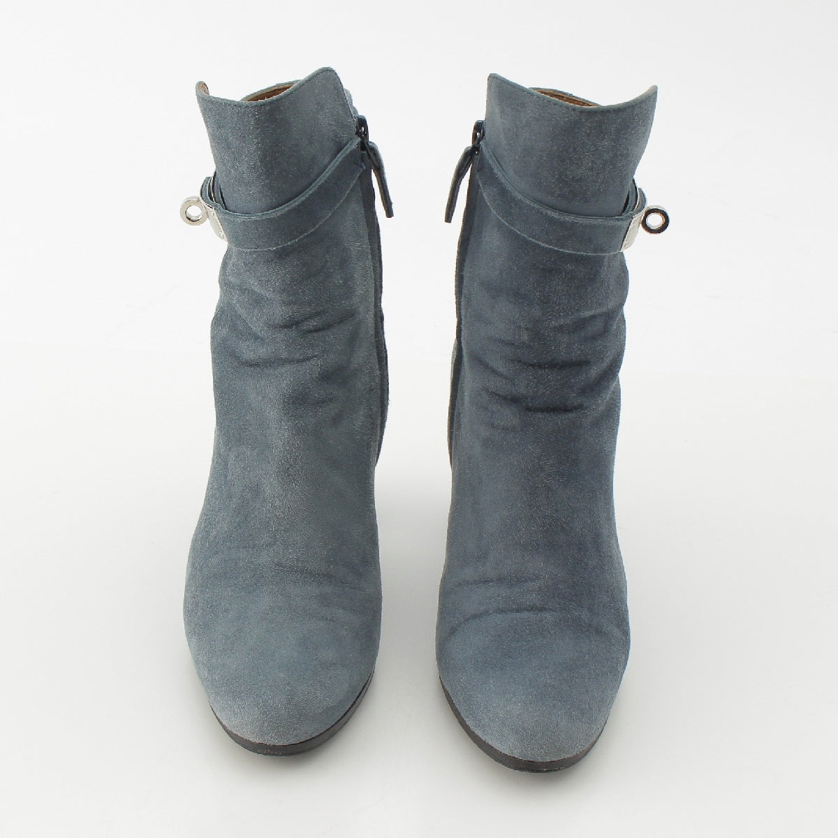 HERMES Saint Germain Suede leather Kelly Buckle Ankle Short Heel boots Booties blue 37