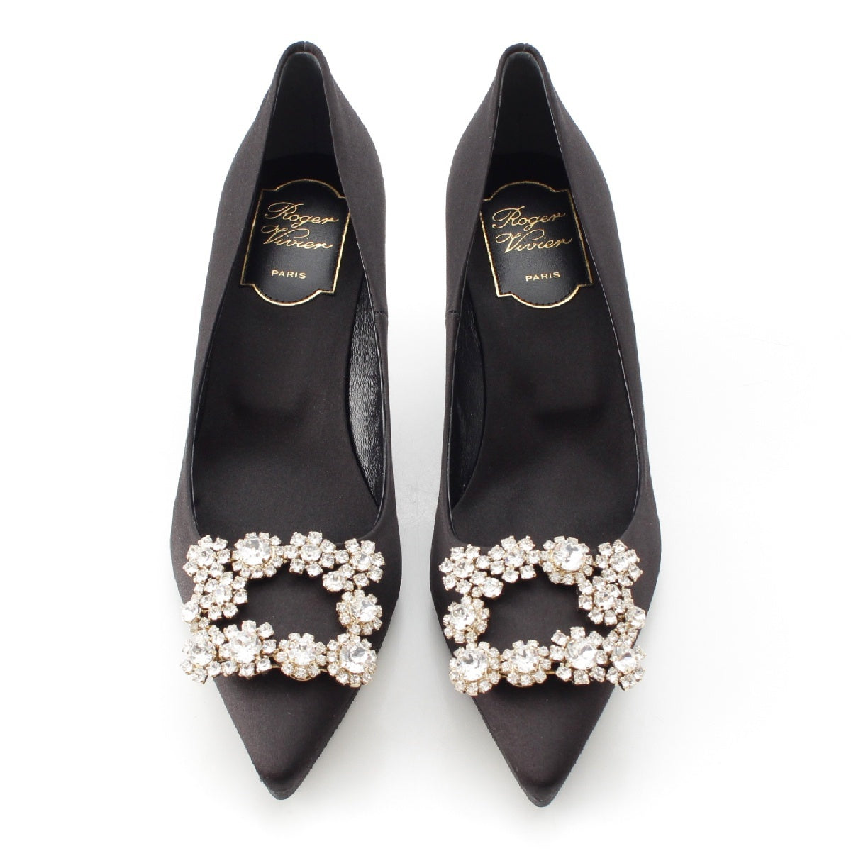 Roger Vivier Satin Flower Beaded Strass Buckle Heels pumps RVW41417620RS0B999 black 38