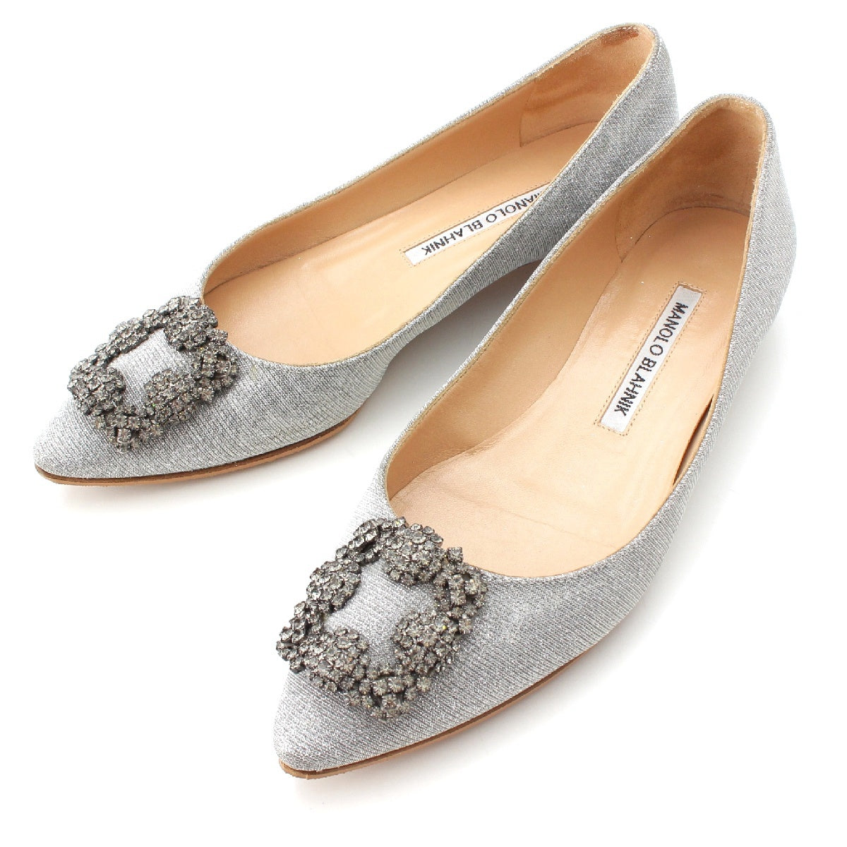 MANOLO BLAHNIK Hangisi leather Glitter Flats pumps Silver 36 2/1