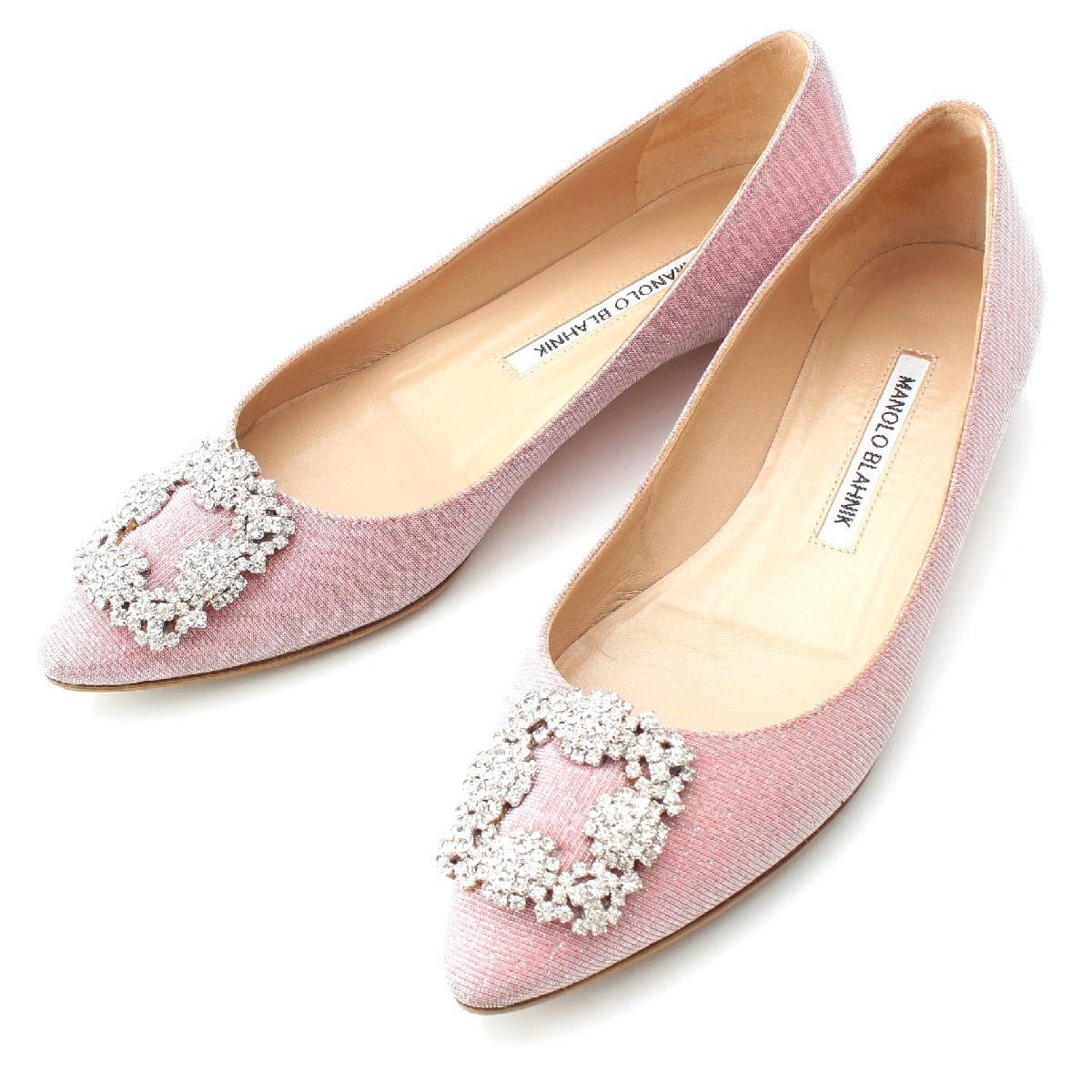 MANOLO BLAHNIK Hangisi Glitter Jewel Buckle Flat pumps shoes pink 37