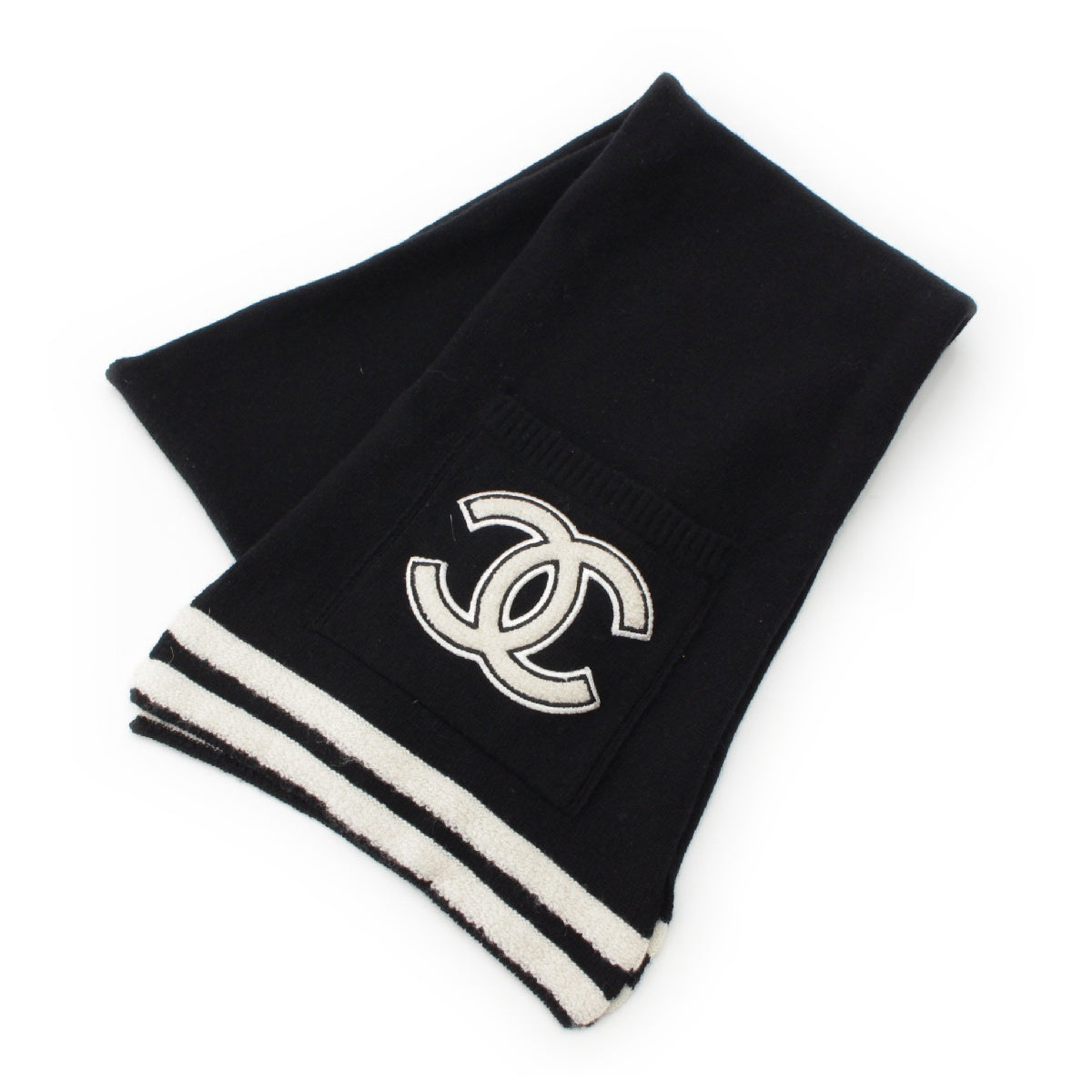 CHANEL cashmere COCO Mark Pocket Bicolor Line Scarf Stall Black White