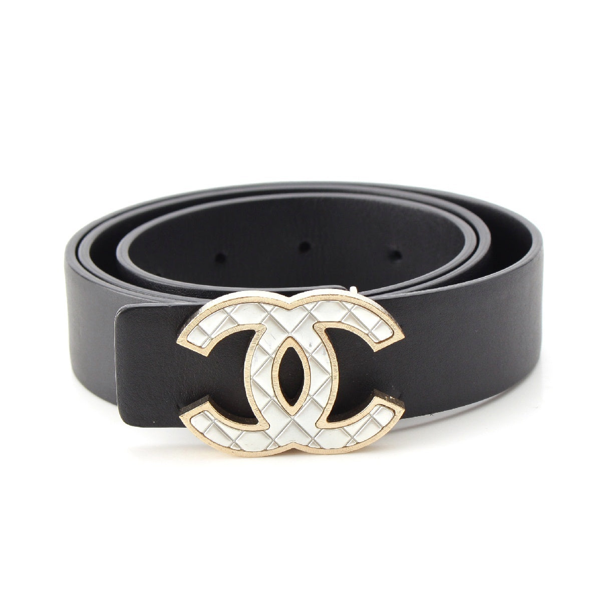 CHANEL 2016 leather B16 COCO Mark Matelasse Logo Metal Buckle Gold Silver belt Accessory black