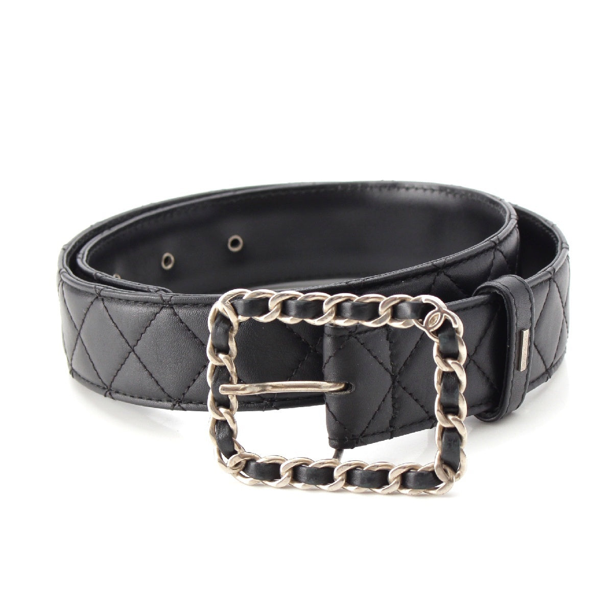 CHANEL B15 leather Matelasse Chain Motif Buckle Silver belt Accessory black