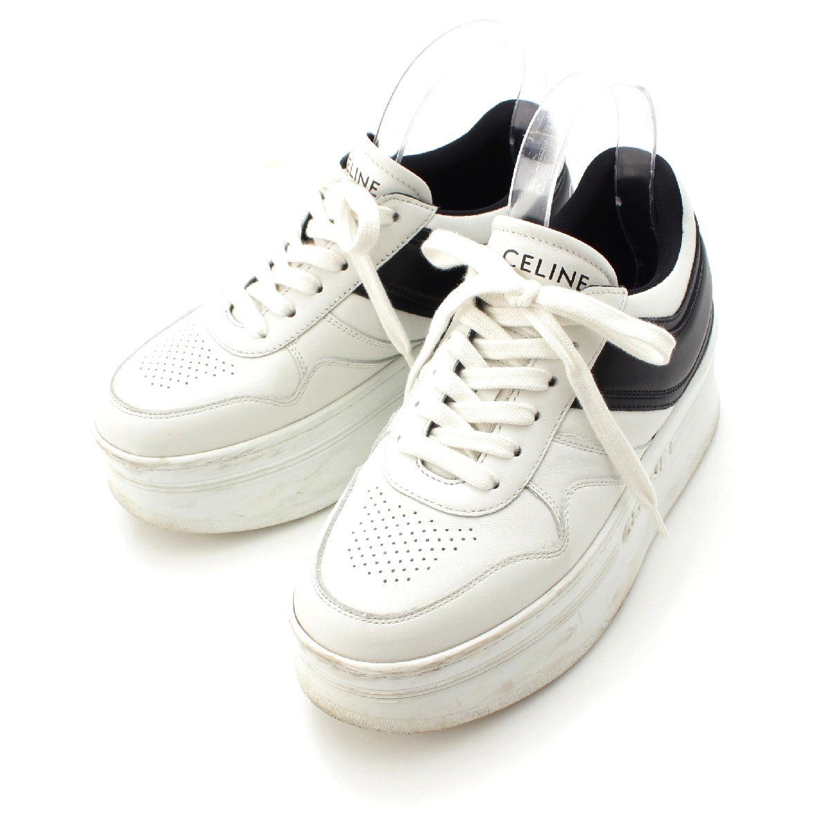 CELINE leather Logo Platform Block sneakers shoes White black 36