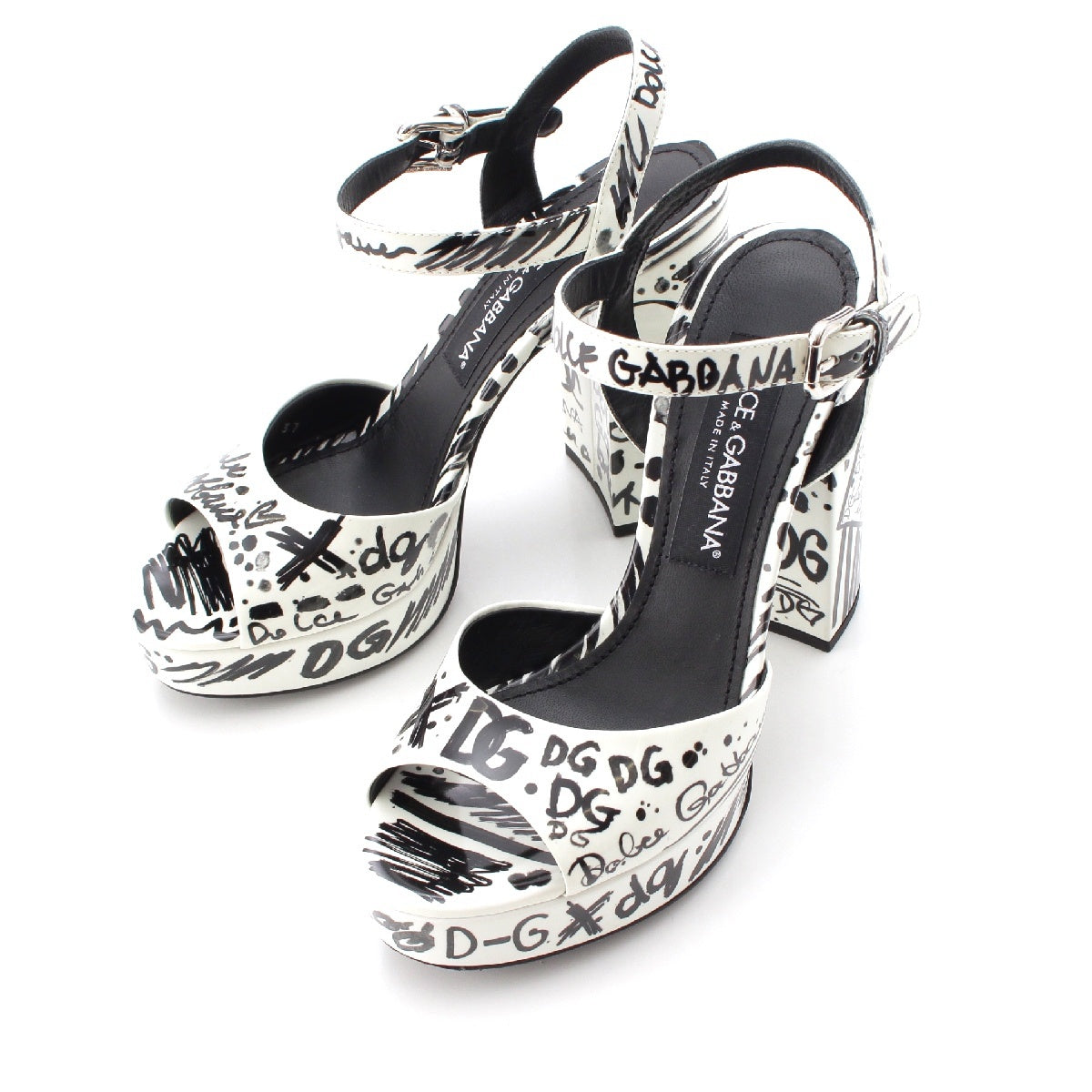 DOLCE&GABBANA Patent leather DG Logo Graffiti Strap Heels Sandals Open toe pumps White black 37