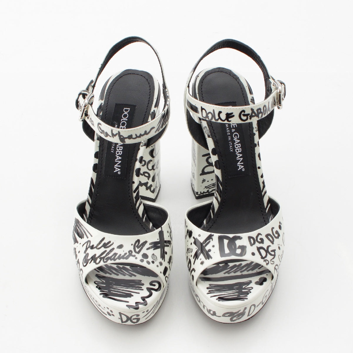 DOLCE&GABBANA Patent leather DG Logo Graffiti Strap Heels Sandals Open toe pumps White black 37