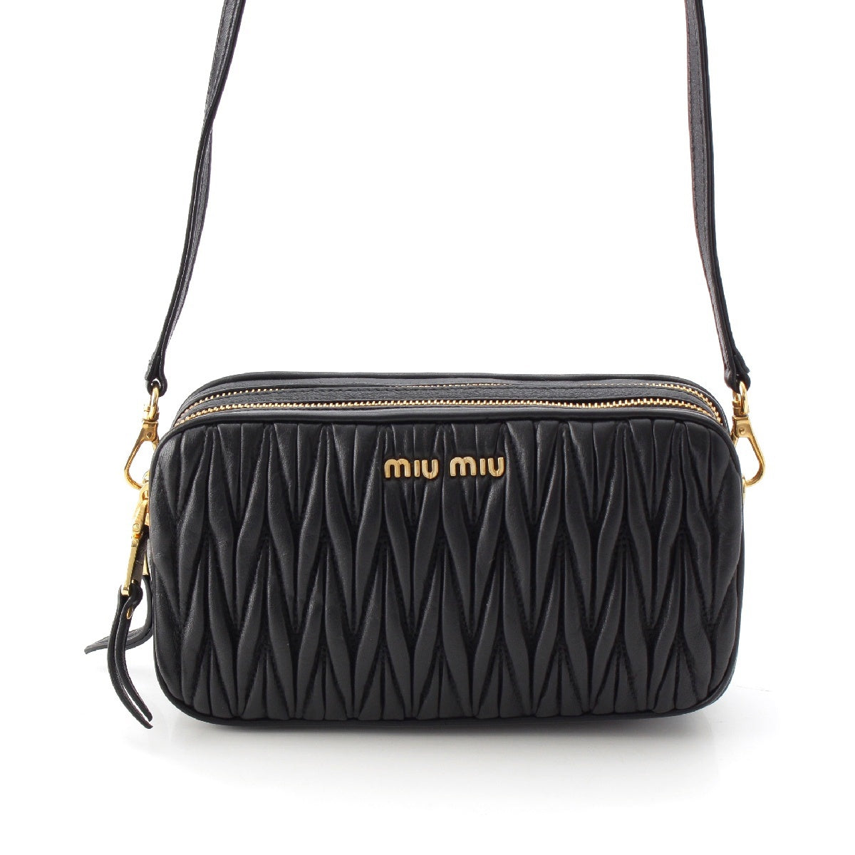 MIUMIU Materasse leather Double Zip Mini Shoulder Bag Camera bag 5NF011 Gold Metal Black