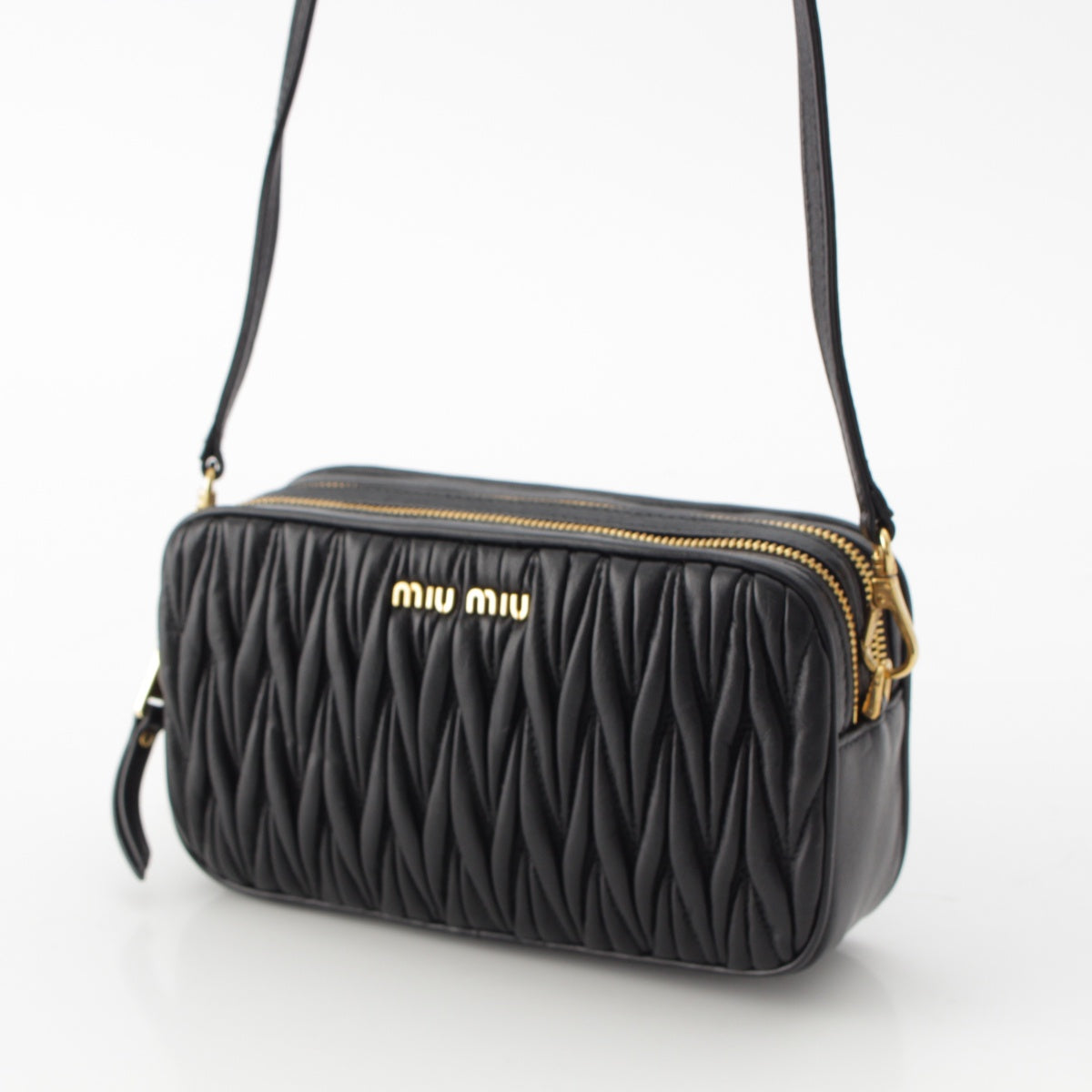 MIUMIU Materasse leather Double Zip Mini Shoulder Bag Camera bag 5NF011 Gold Metal Black