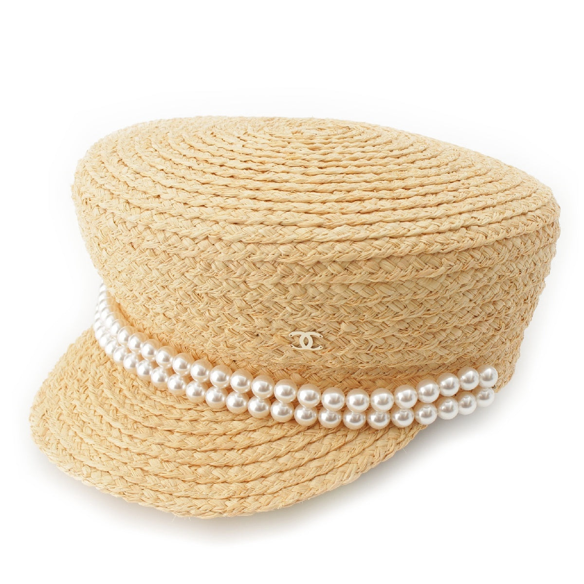 CHANEL Straw Raffia Fabric COCO Mark 2-strand pearl Casquette hat cap hat AA9959 natural M