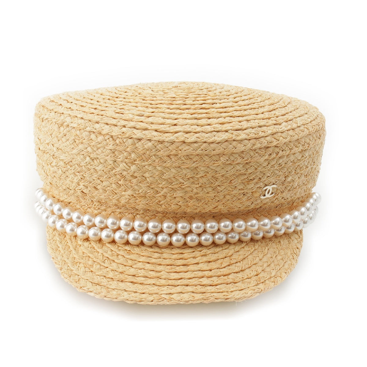 CHANEL Straw Raffia Fabric COCO Mark 2-strand pearl Casquette hat cap hat AA9959 natural M