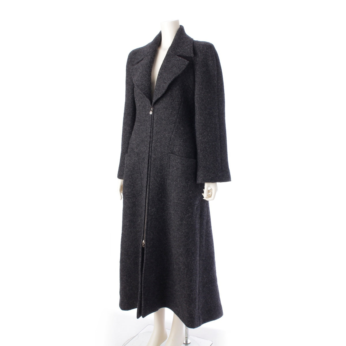 CHANEL 97A wool COCO Mark Zip-up Chester Long coat outer P09456 gray 38