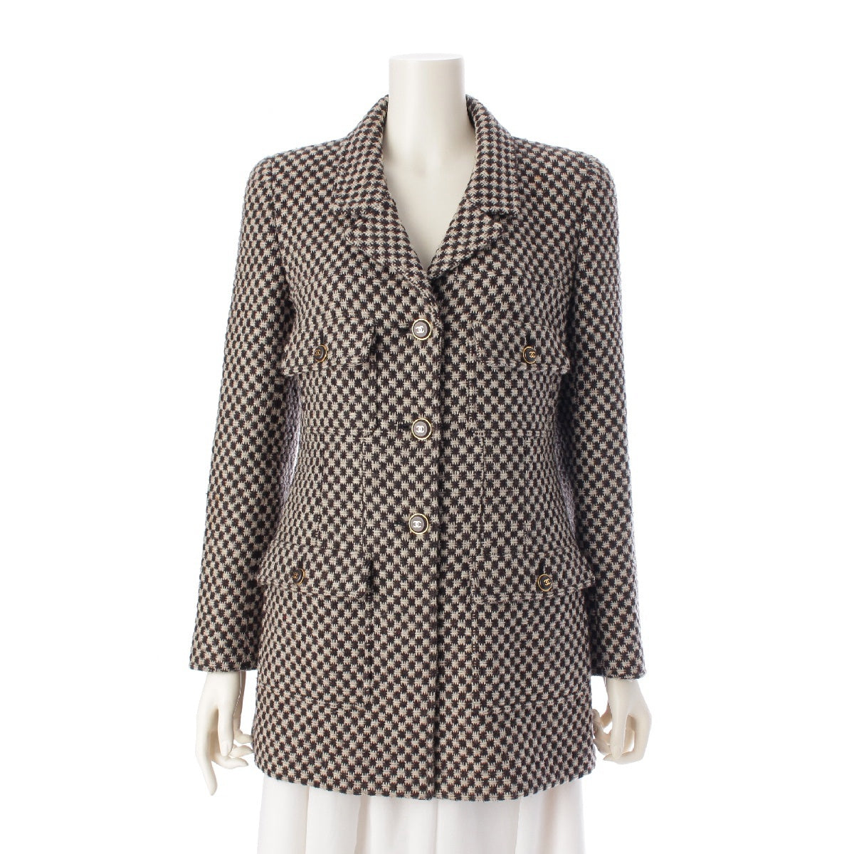 CHANEL 95A wool COCO Mark Houndstooth tailored jacket outer Black White 38