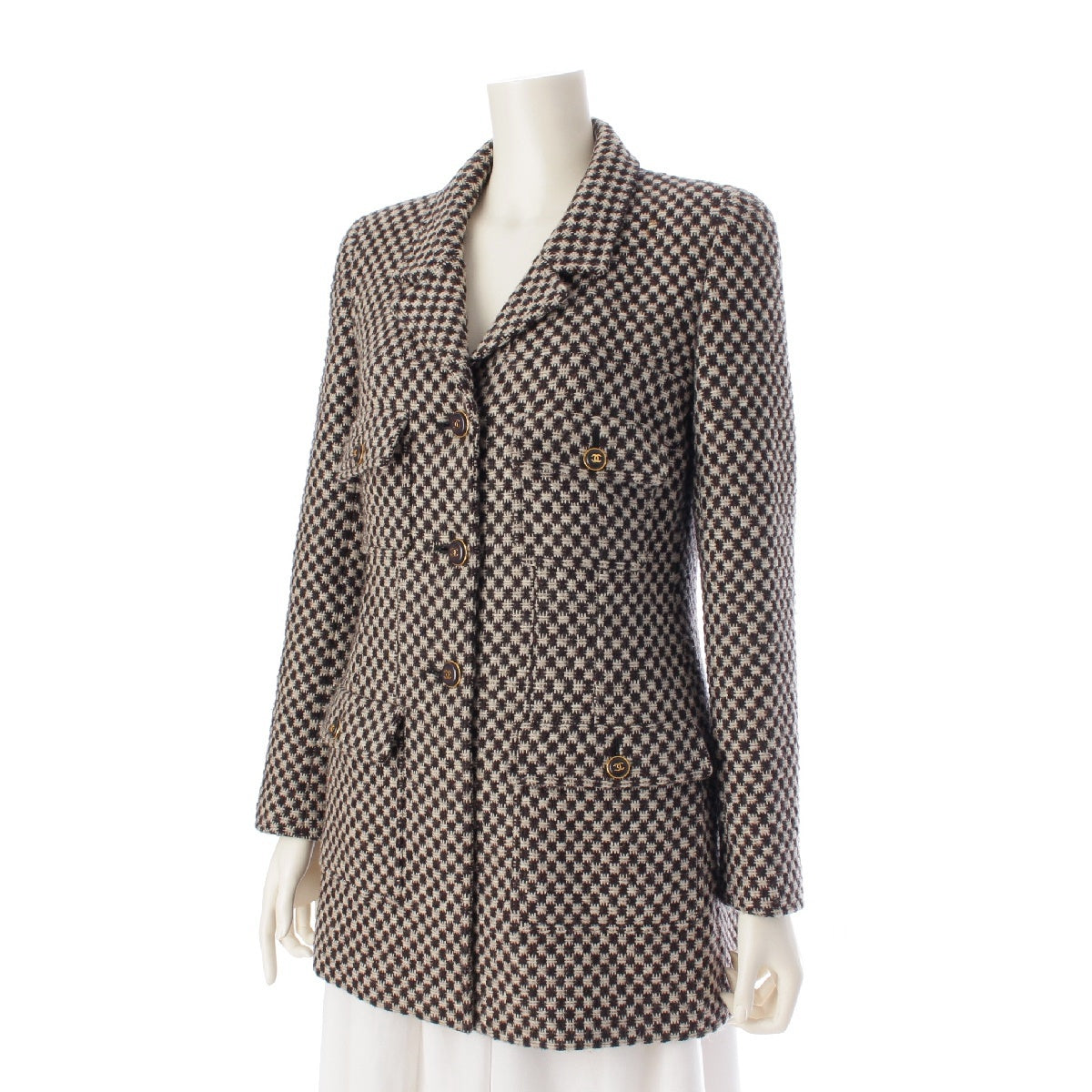 CHANEL 95A wool COCO Mark Houndstooth tailored jacket outer Black White 38