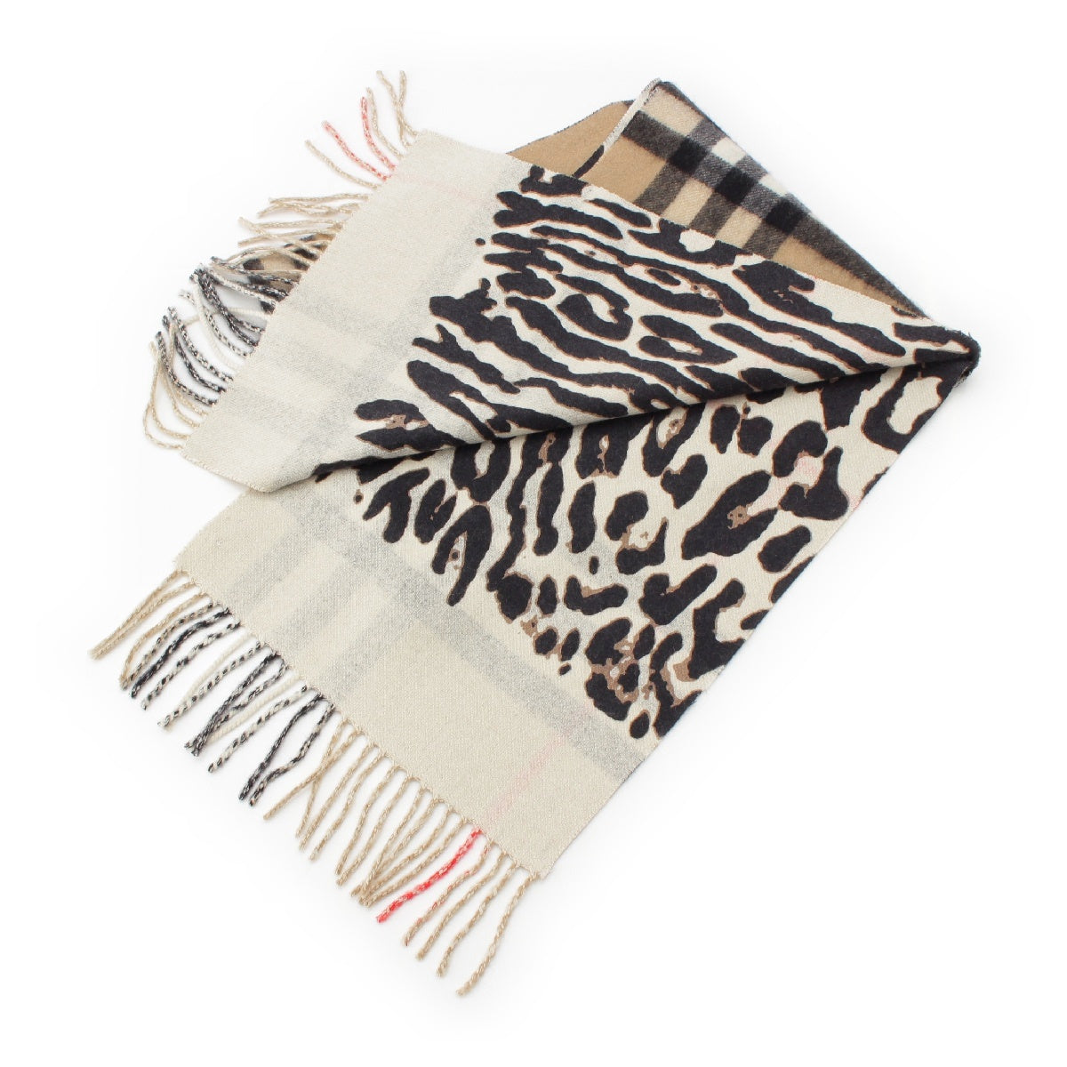 BURBERRY cashmere Logo CheckPattern LeopardPattern Fringe Scarf beige