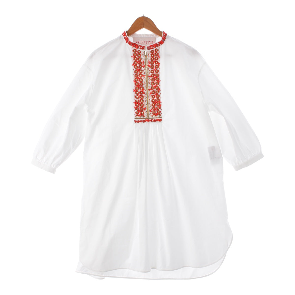 VALENTINO cotton poplin Embroidered Beaded Faux Pearl Knee Length one piece Mini dress 4B3VA7755DN White red 42