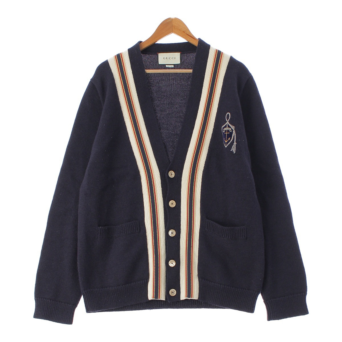 GUCCI wool Anchor Crest Embroidery Patch Line Design cardigan knit 545764 Navy XL