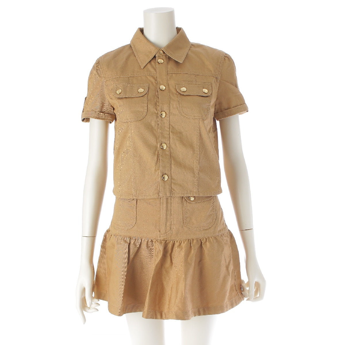 CELINE 23 years Cotton twill Triomphe Gold Button Army Cropped Shirt Skirt setup Short sleeves, mini length, military pockets 2B05A539W.04CA/2J722539W.04CA caramel 34