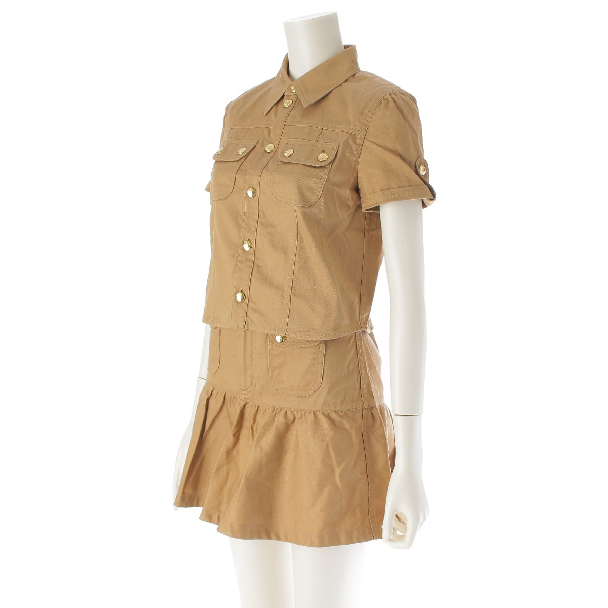 CELINE 23 years Cotton twill Triomphe Gold Button Army Cropped Shirt Skirt setup Short sleeves, mini length, military pockets 2B05A539W.04CA/2J722539W.04CA caramel 34