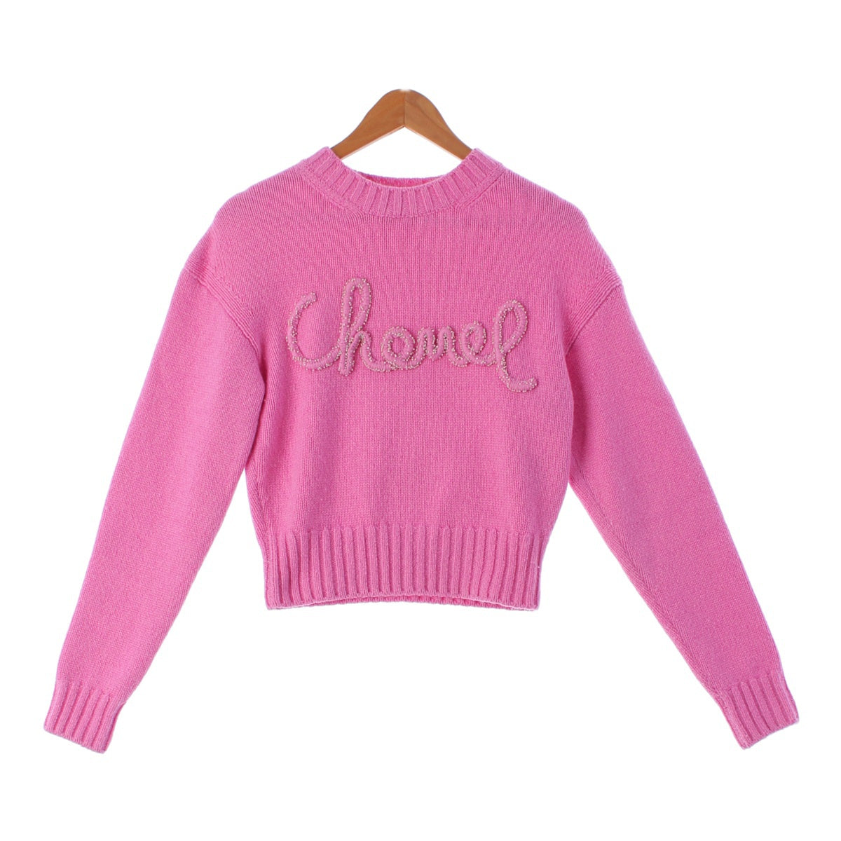 CHANEL 20Stainless Steel cashmere Logo Pearl Knit sweater tops P65189  pink 36