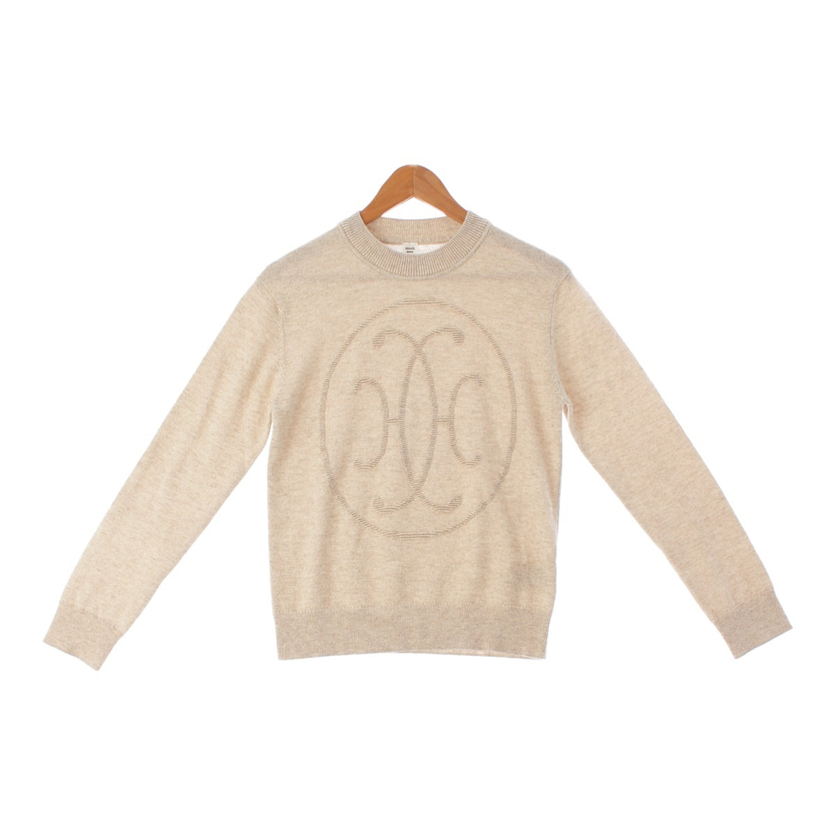 HERMES cashmere H-Lift Crew Neck Long Sleeve Knit sweater tops beige 38