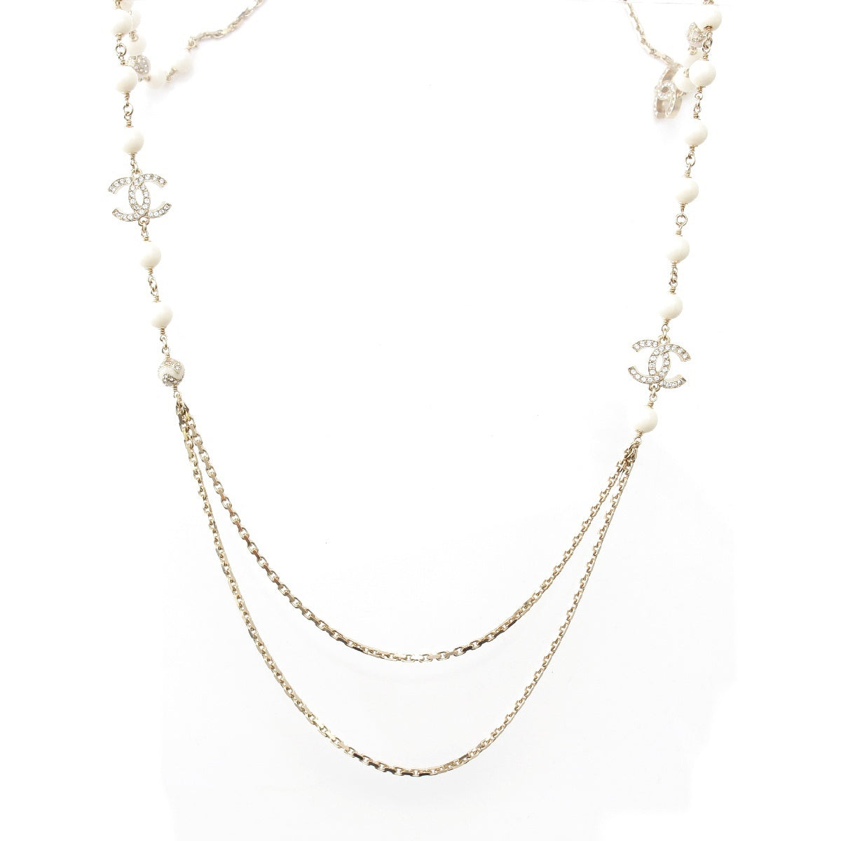 CHANEL C23K COCO Mark Rhinestone Pearl Long Chain Necklace Pendant accessories White gold