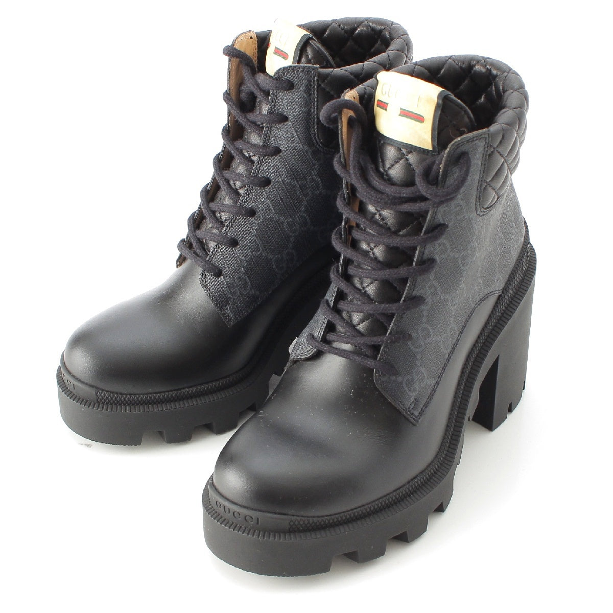 GUCCI Canvas leather GG Supreme lace-up heel ankle boots 659691 black 39