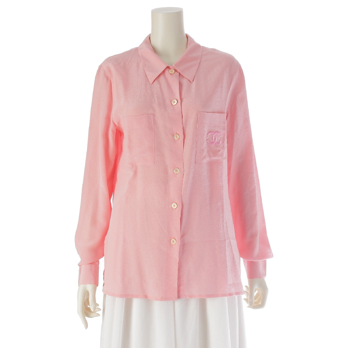 CHANEL silk Vintage COCO Mark embroidered pocket Long sleeve shirt blouse tops P04271 pink 38