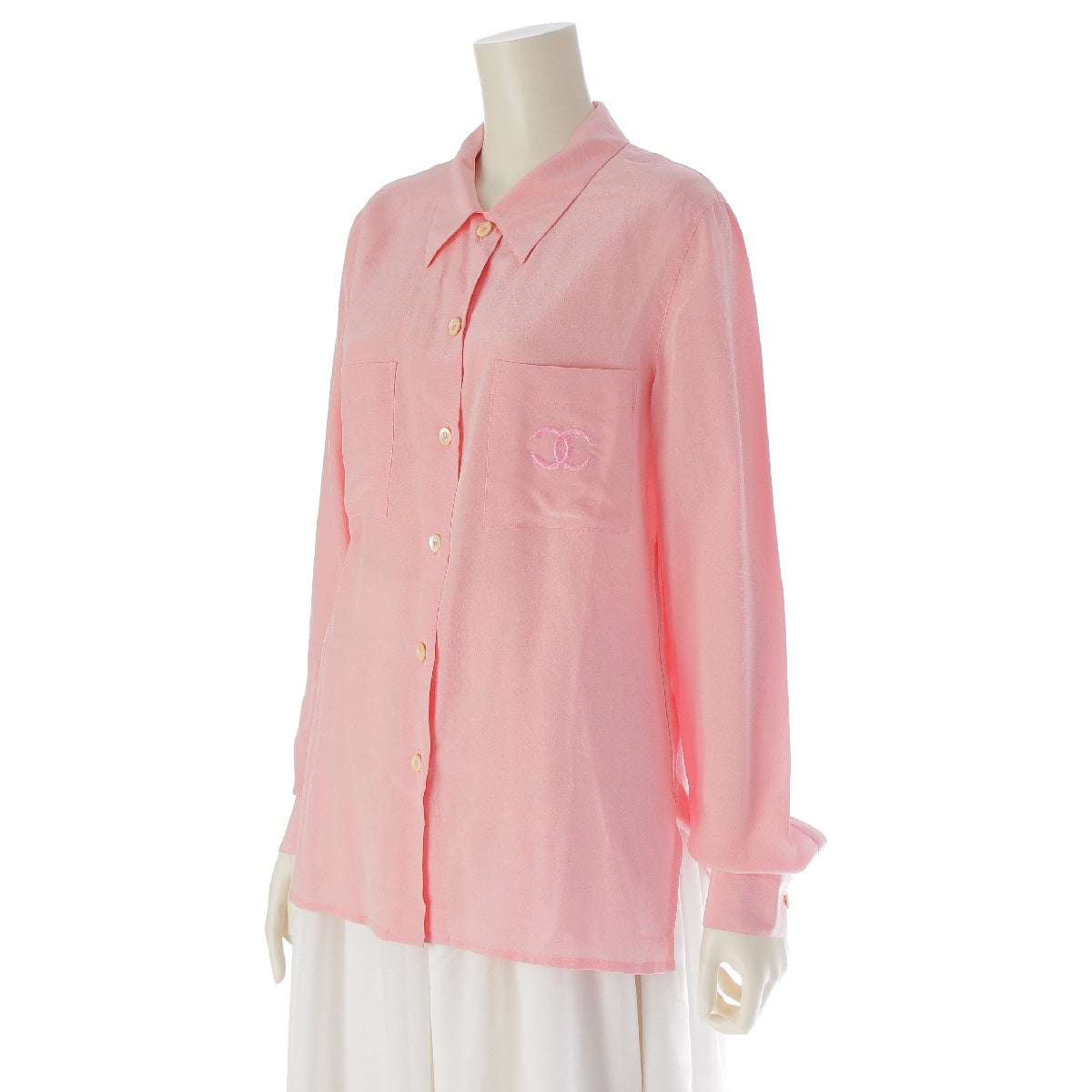 CHANEL silk Vintage COCO Mark embroidered pocket Long sleeve shirt blouse tops P04271 pink 38