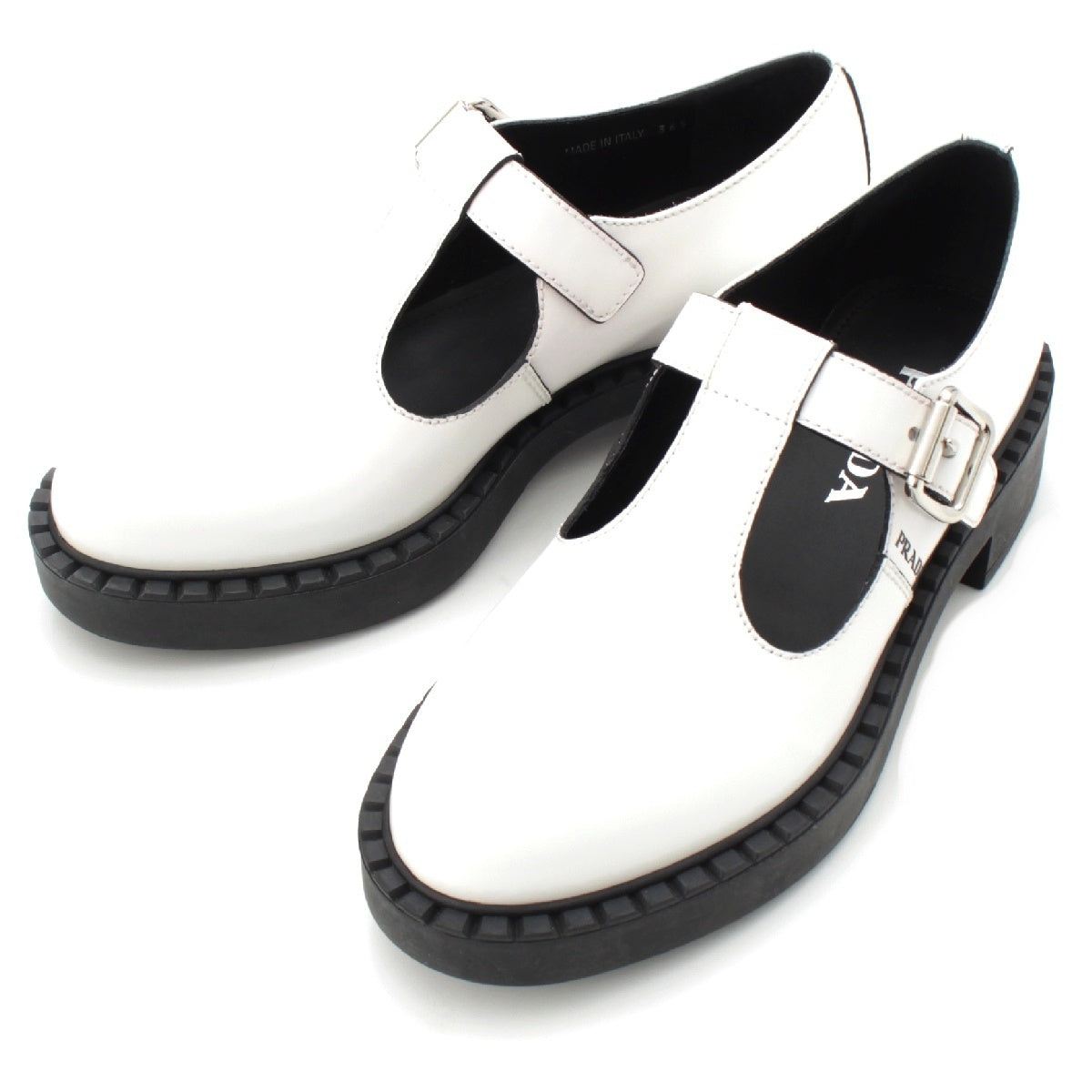 PRADA Merry Jane Brushed leather Rubber sole T-strap Chocolate loafers shoes 2EE372 white 36 1/2