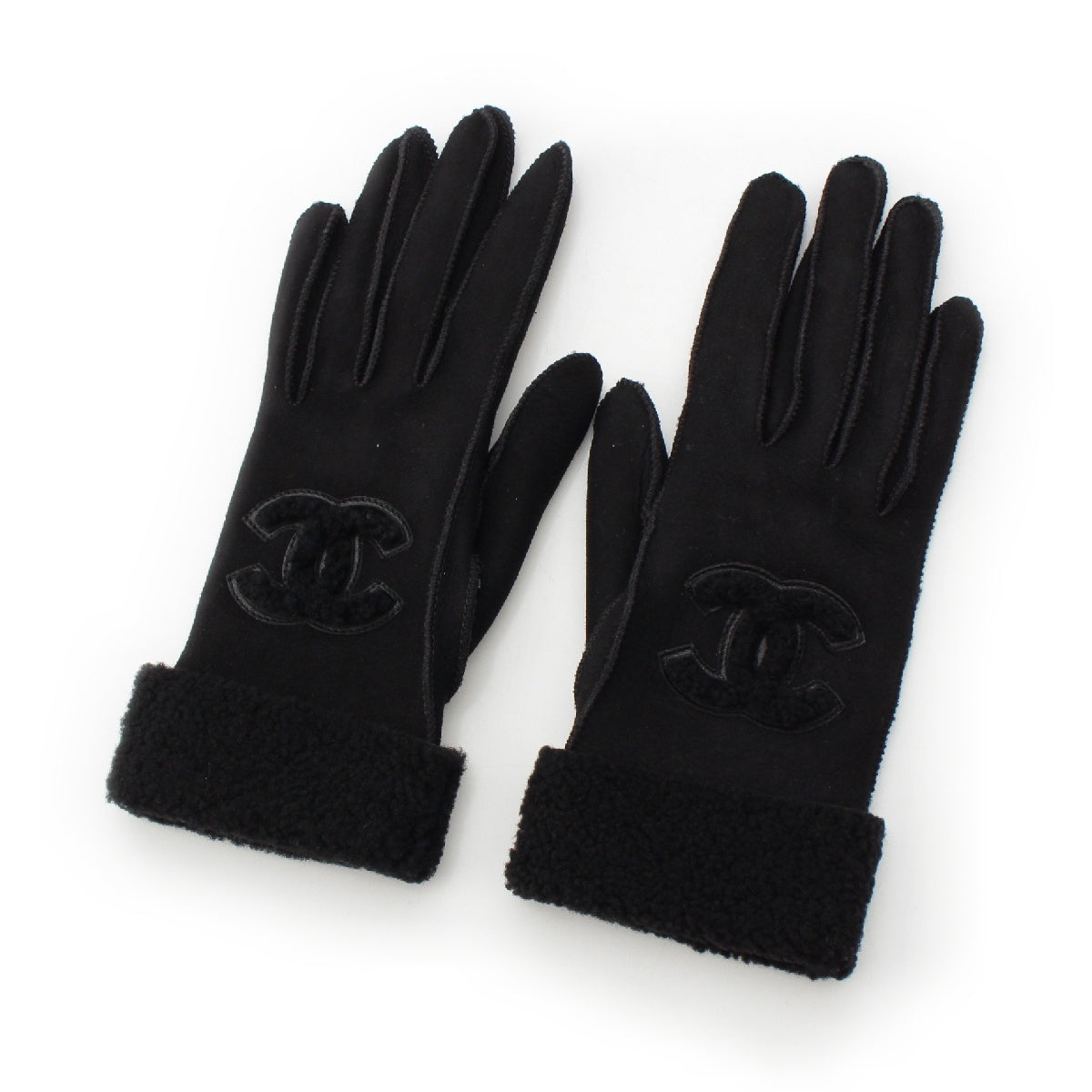 CHANEL Suede leather COCO Mark Mouton Boa Glove gloves black