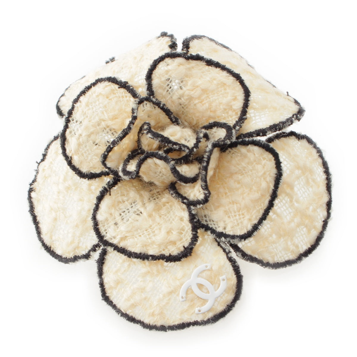 CHANEL tweed COCO Mark Camellia Trim Brooch Corsage Accessories beige