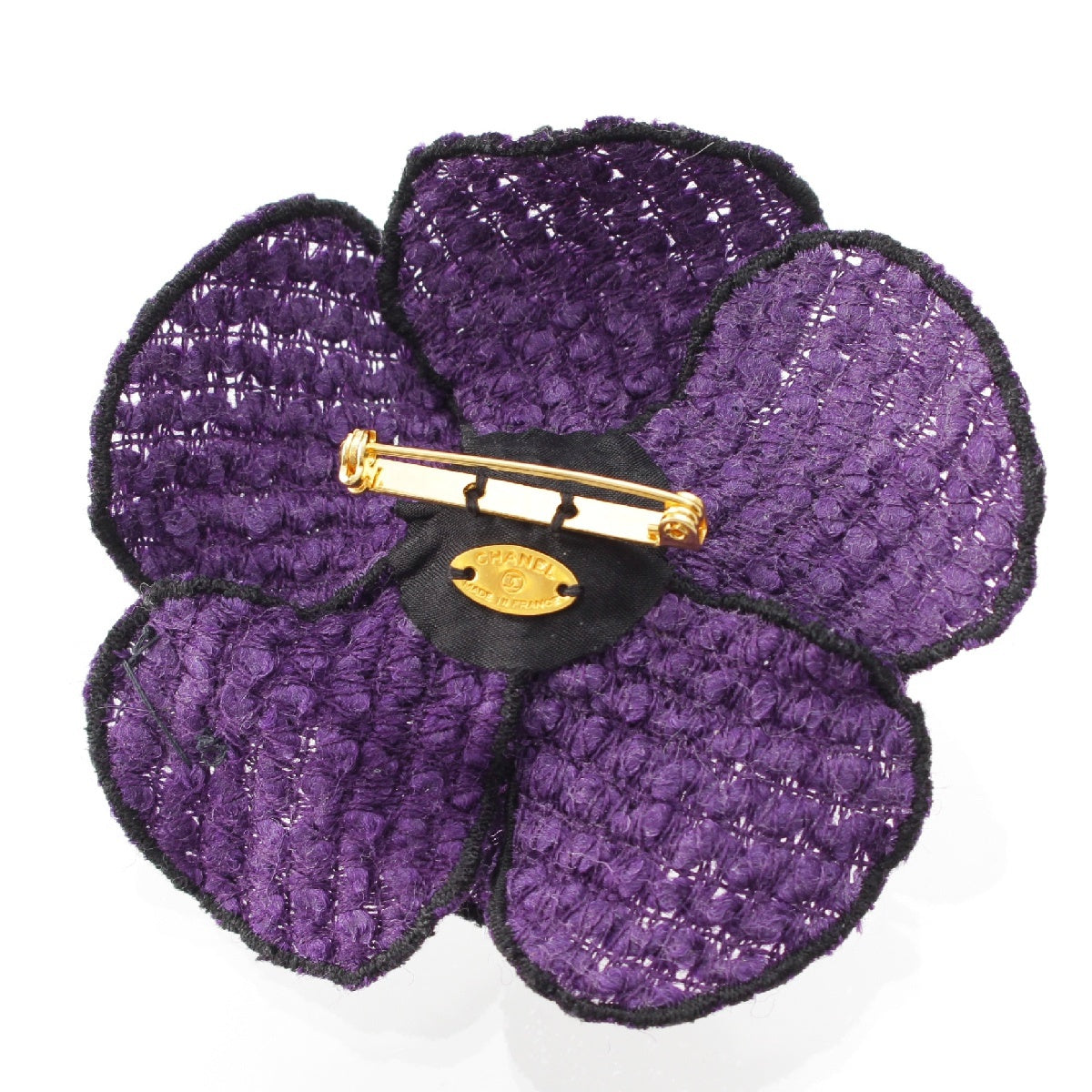 CHANEL tweed COCO Mark Trim Camellia Brooch Corsage Accessories purple