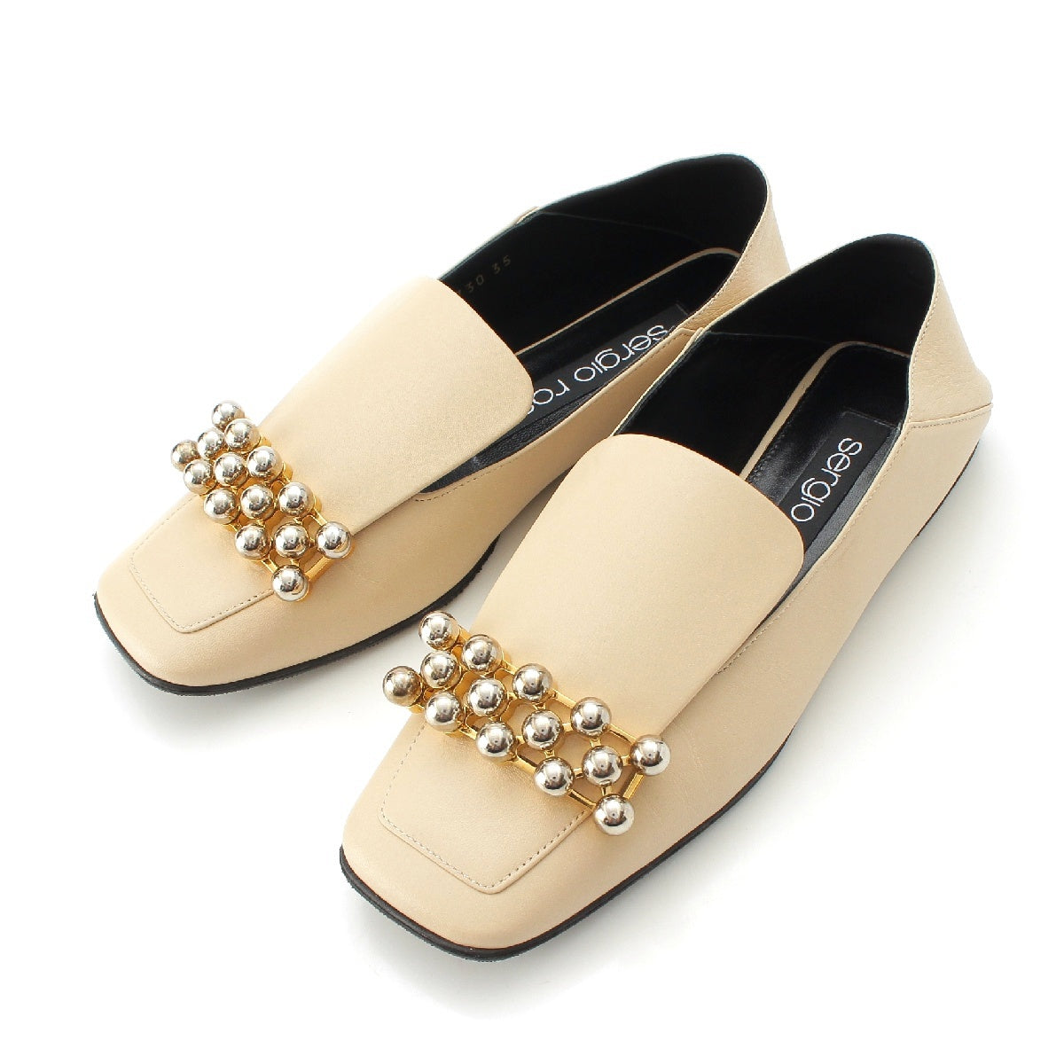 Sergio Rossi Sr1 leather Pearl buckle square toe flats pumps Shoes Mules A90730 beige 35