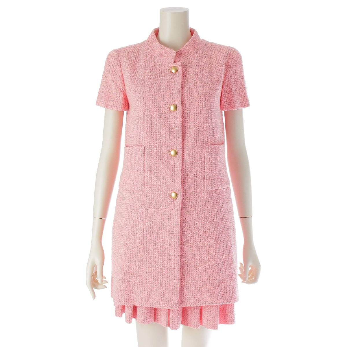 CHANEL 01C wool Tweed short sleeve long jacket Pleated Skirt setup High neck, 2 pockets, mini length P17003 pink 38