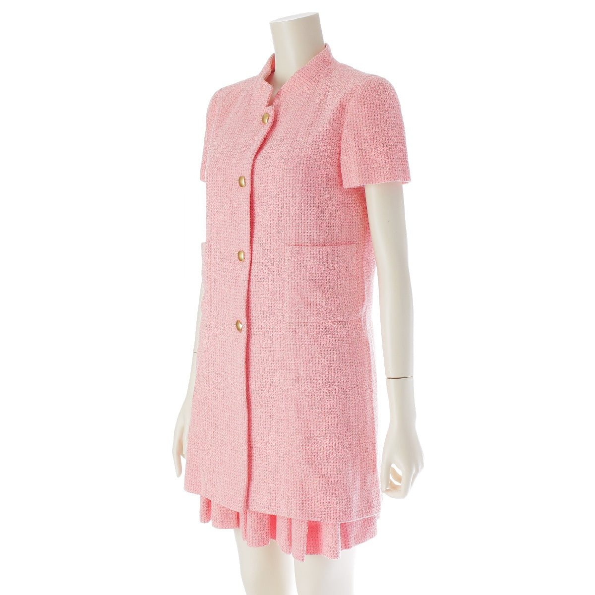 CHANEL 01C wool Tweed short sleeve long jacket Pleated Skirt setup High neck, 2 pockets, mini length P17003 pink 38