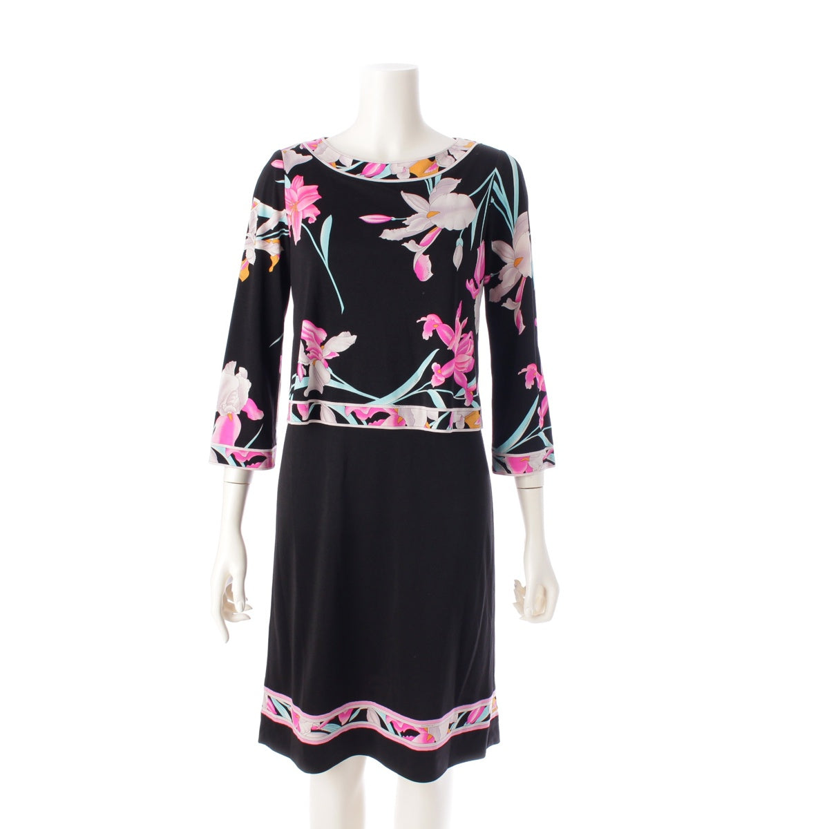 LEONARD Cancan material Flower Pattern 3/4 Sleeve Knee Length Docking one piece dress black 34